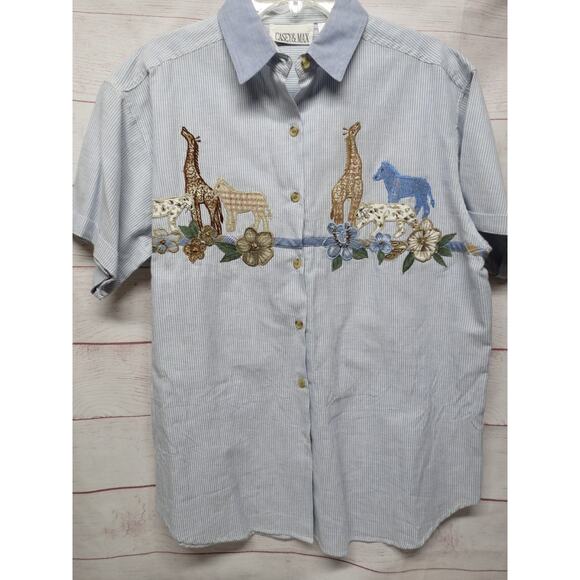 Vtg Casey & Max Blue Pinstripe Animal Print 2pc Set Vest Shirt Sz L Large - Picture 4 of 12